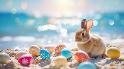 Beach Easter background with bunny and color eggs near ocean
