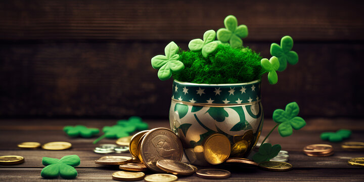 St patrick day, A pot of coins and a pot of coins with a green leaf on it.
