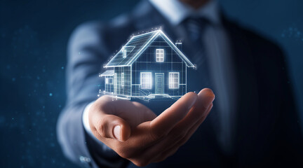 Close-up of a businessman's hand holding a hologram of a luxury house, real estate, banking and mortgage concepts