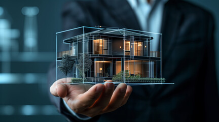 Close-up of a businessman's hand holding a hologram of a luxury house, real estate, banking and mortgage concepts