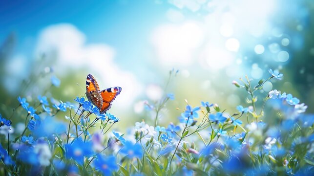 Fototapeta Beautiful blurred spring nature background with blooming meadow and blue sky on a sunny day. Butterfly and delicate blue flower