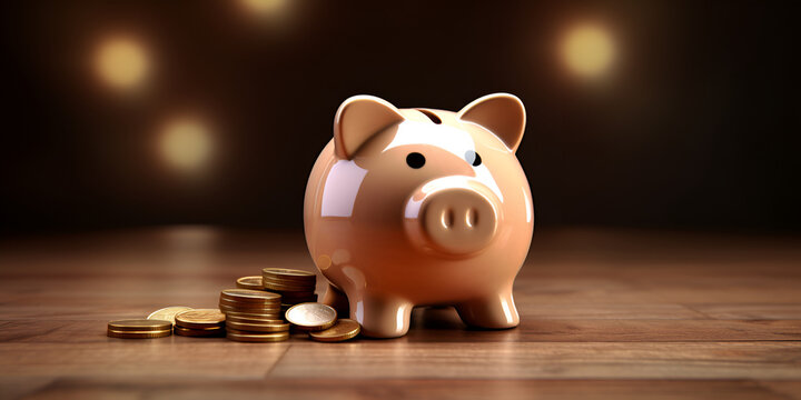 piggy bank with coins, Saving money by putting a coin into piggy bank on nature background.