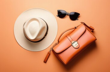 fashion accessories. women hand bag, hat and sunglasses on peach color background, flat lay