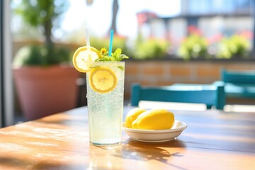 sparkling water with lemon slice, mint on a sunny patio table