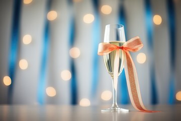 halffull sparkling wine glass with a celebratory ribbon