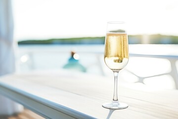 luxury concept: sparkling wine glass on a yacht deck