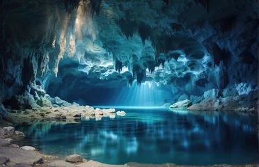 Tuinposter Beautiful blue underground lake inside cave © PeopleWorker