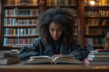 Young afro-american student reading book in library