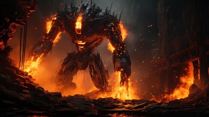 Monster robot with molten lava background hell.