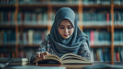 Young muslim girl student reading book in library