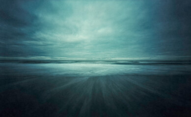 The North Sea photographed with a wooden pinhole camera, captured analogue on film. The small aperture  makes for long exposure times in which sand, sea, water, sky and clouds mix with t - obrazy, fototapety, plakaty