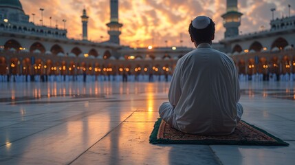 Sunset Meditation: A Muslim Man in Prayer Generative AI