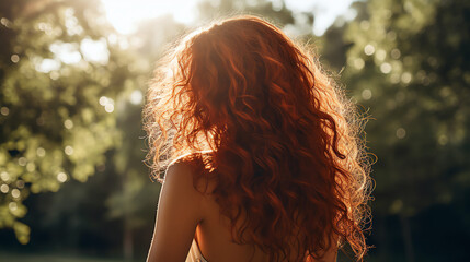 Red curly hair woman. AI generated image. - obrazy, fototapety, plakaty