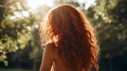 Fotobehang Red curly hair woman. AI generated image. © yekaterinalim