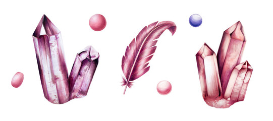 Hand drawn gemstone Agate, diamond and amethyst crystals, beads and feather marker illustrations in watercolor style. Mineral isolated on white background. Clip art for designers, 