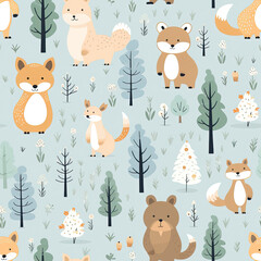 Whimsical Woodland Delight: Seamless Pattern with Adorable Pastel-Colored Forest Animals