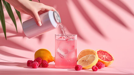 a hand pouring a tropical beverage from a can into a glass full of ice cubes, set against a vibrant pink backdrop, generative ai