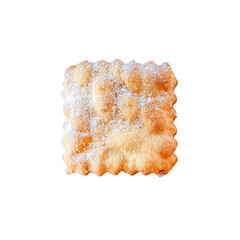 Traditional sweet crisp pastry deep-fried and sprinkled with powdered sugar isolated on white. Carnival food tradition.