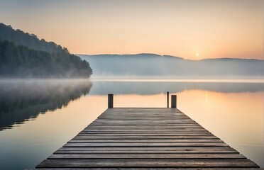 Fototapeta na wymiar Rectangular lake dock, beautiful sunrise, foggy, calm water
