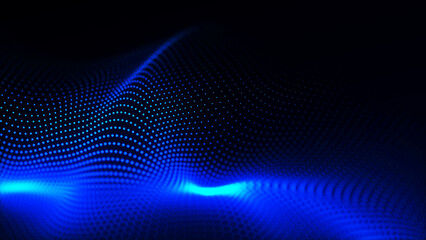 Futuristic particle wave. Abstract technology background. Big data visualization. 3d Widescreen. 3D rendering.