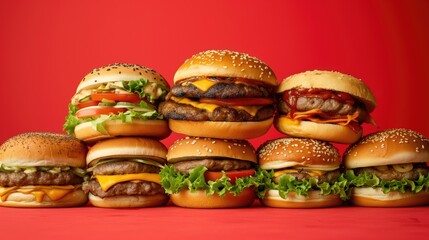 different types of burgers against a vibrant red background, generative ai