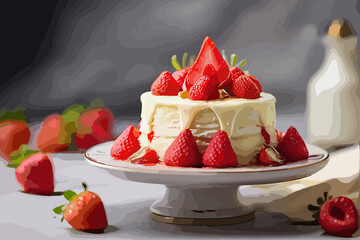Delicious handmade layered cake decorated with chocolate glaze, strawberries, blueberries, carambola star fruit and ice cream cone on nature tropical background. Selective focus