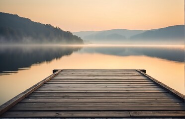Fototapeta premium Rectangular lake dock, beautiful sunrise, foggy, calm water