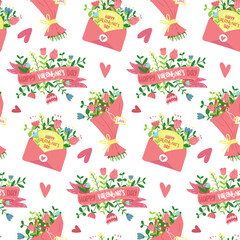 Pattern with envelopes, ribbons, bouquets of flowers for Valentine's Day in a flat style. Cartoon isolated illustration with flowers. Congratulatory texture in the form of a seamless ornament. Holiday