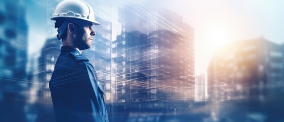 double exposure photography of man engineer in uniform and the construction building