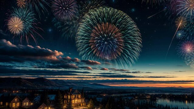 Fireworks celebration animation, beautiful night sky with stars, universe, milky way, countryside, stunning nature landscape 