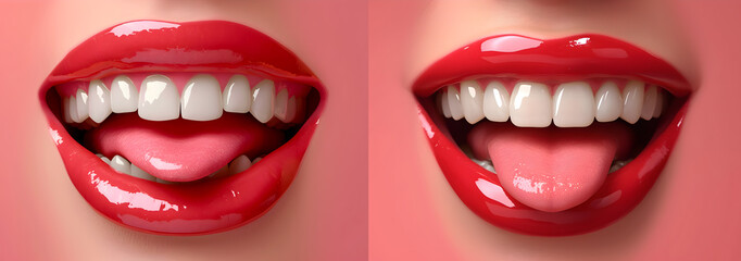 Woman's mouth with red lipstick. Beautiful women smile with white teeth and sensual tongue. - obrazy, fototapety, plakaty