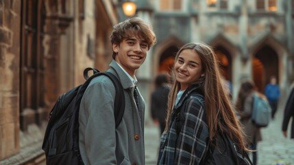 Fototapeta premium Young couple students in college