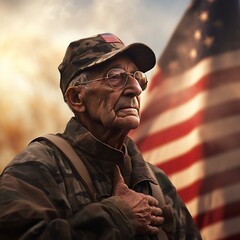 Commemorating Service and Sacrifice: Veteran Saluting American Flag on Veterans Day