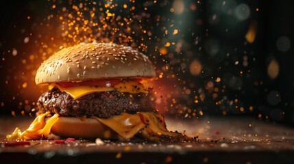 a delicious-looking cheeseburger with a sesame seed bun, placed on a surface, generative ai - obrazy, fototapety, plakaty
