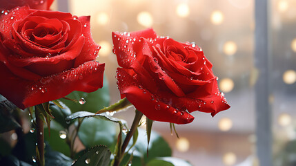 Red roses with drops of rain. Valentine's day concept. AI generated image.