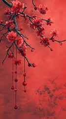 Chinese red plum flower branches blossom on red background for Chinese new year greeting card