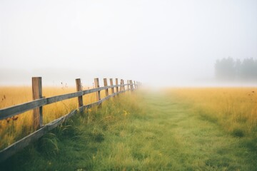 Obraz premium wooden fence leading into a foggy, grassy landscape