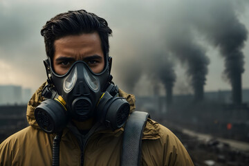 A man wearing gas mask as a concept of air pollution - obrazy, fototapety, plakaty