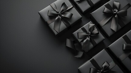 Black Arranged Gifts boxes with black ribbon and bow on black background. Black Friday concept