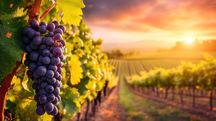 Black grape on vineyards background, winery at sunset, panoramic view banner