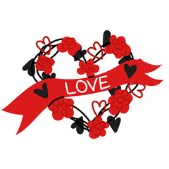 Flower frame in the shape of a heart. Decorative frame design with flowers, leaves and small hearts in red and black colors. A vector illustration drawn by hand. Lovers. A ribbon with an inscription
