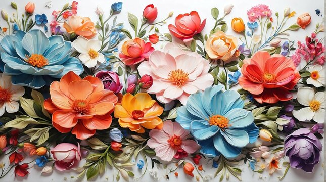 Pattern field of flowers , repeatable pattern , acrylic oil paint , vividly blooming, accurate details, beautiful, cute style, colorful, but with a white background .