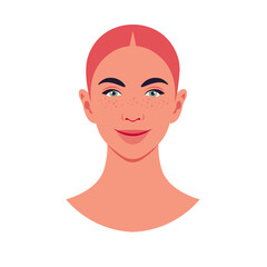 The face of a red-haired young woman with freckles on a white background. Dermatology and cosmetology. Vector flat illustration