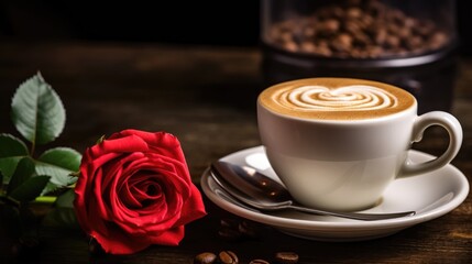 Obraz premium cup of coffee with rose, Generative Ai