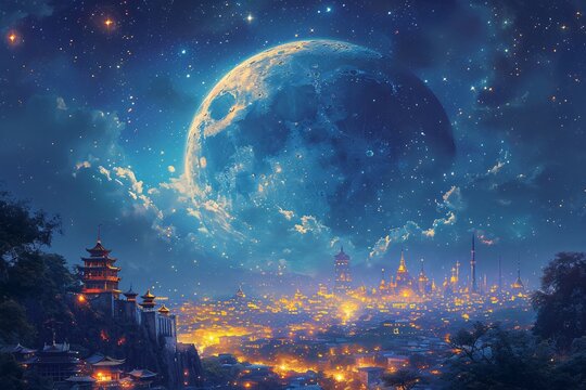 Glowing Cityscape with Moon and Starry Sky Generative AI