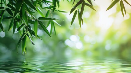 green bamboo leaves over sunny water surface background banner, beautiful spa nature scene with...