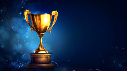 Golden trophy cup with  stars isolated on dark blue background with copy space for text