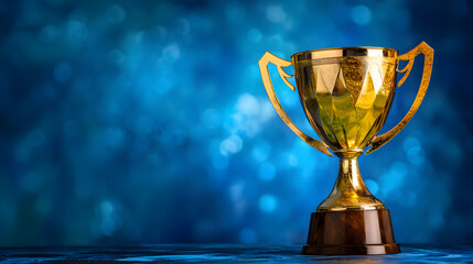 Golden trophy cup with  stars isolated on dark blue background with copy space for text