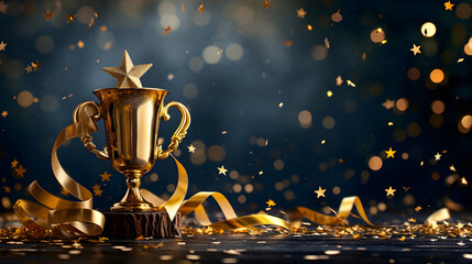 Golden trophy cup with  stars isolated on dark blue background with copy space for text - obrazy, fototapety, plakaty