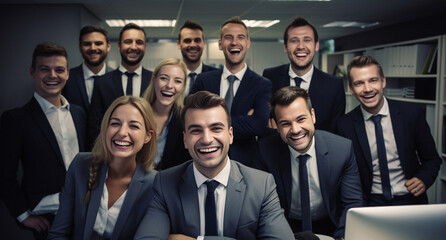 Businesspeople and their team exude positivity in a lively group photo, showcasing dynamic body language that reflects the collective success and enthusiasm within the office. Generative ai.